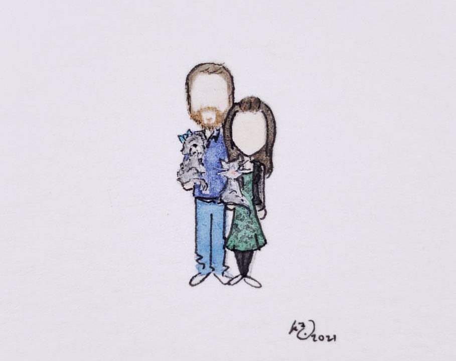 Tiny sketch of Jimmy holding Sophie and Leah holding Bailey. artwork by @m2.duret